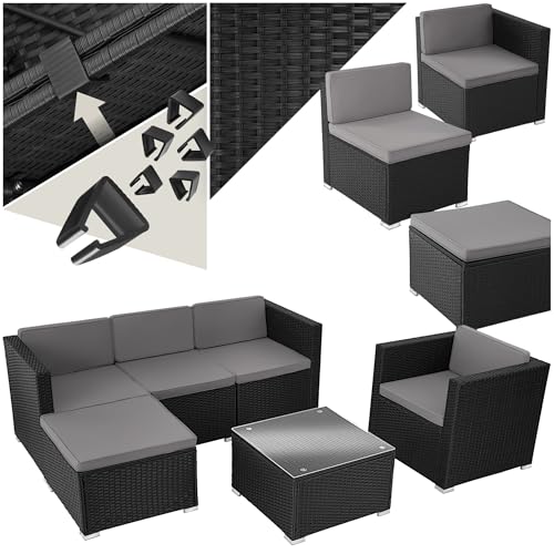 tectake® Poly Rattan Lounge, Outdoor Gartenmöbel Set mit Sofa, Sessel, Hocker und Tisch, variabel kombinierbar, Möbel wetterfest für 4-5 Personen, Balkonmöbel, Gartenlounge, Terrassenmöbel - schwarz