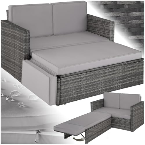 tectake Sofa Set   2 Sitzer Sessel Hocker und Schlaffunktion, kleine Couch als Gartenmöbel, wetterfest für, Balkon und Garten, klappbar Polstern