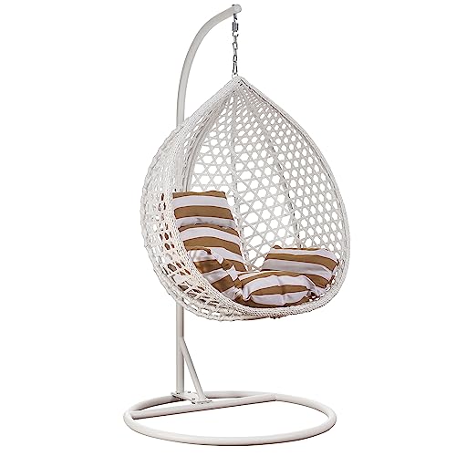 RAMROXX Luxus Hängesessel Style XXL Rattan Korb und Gestell Weiss mit Relaxkissen Braun