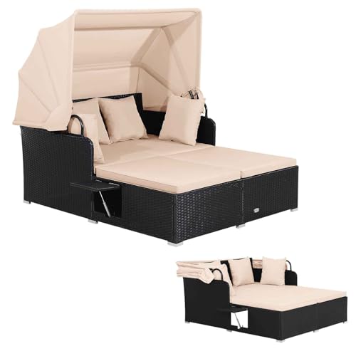 LIFEZEAL Sonnenliege Set Poly Rattan, Sonneninsel Gartenlounge mit Klappdach & 2 Teetischplatte, Gartenmuschel mit Kissen, Doppel Gartenliege belastung 360 KG, Polyrattan Lounge Outdoor (Khaki)