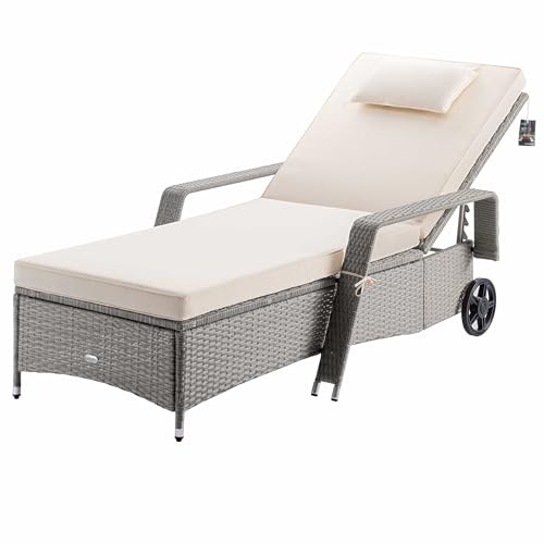 Casaria® Sonnenliege mit Rollen 7cm Auflage Extra Breit 90cm Gartenliege Wetterfest Balkonmöbel 165kg Belastbar Terrassenmöbel Liegestuhl Polyrattan Creme