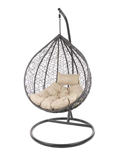Kideo Komplettset: großer Hängesessel mit Gestell & Kissen, Korbsessel, Poly-Rattan (Korb & Gestell: grau, Kissen: Hellbraun Chester-Stepp (7007_capucchino))