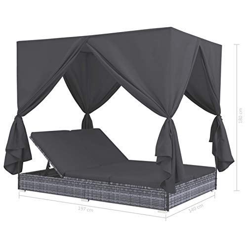 Tidyard Outdoor-Lounge-Bett mit Vorhängen Witterungsbeständig Outdoor-Tagesbett Doppel-Chaiselongue Doppelliege Rattenliege Gartenliege Rattanliege Sonneninsel Poly Rattan Grau 197 x 140 x 180 cm