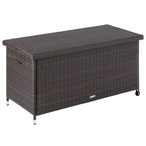 tectake® Poly Rattan wetterfest, abschließbare Box mit Deckel, outdoor Aufbewahrungskiste mit Innentasche, 270L, rollbar, für Garten, Terrasse, Balkonmöbel   braun