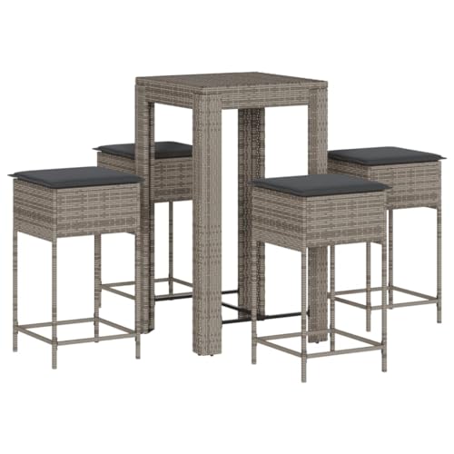 vidaXL Gartenbar Set 3-TLG., Gartenmöbel mit Kissen, Bartisch Stehtisch Barhocker Barstuhl, Theke Bar Tresen Gartentheke Sitzgruppe, Grau Poly Rattan