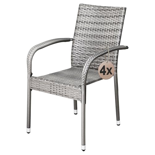 Casaria® Gartenstühle 4er Stapelbar Wetterfest Polyrattan Outdoor 160kg Garten Terrasse Balkon Stuhl Armlehne Gartensessel Stapelstühle Grau