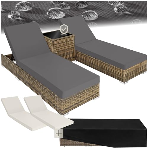 tectake® 2er Lounge Sonnenliegen Plus Tisch – inkl. 2 Bezugsets Schutzhülle, Outdoor Poly Gartenmöbel, 2er   Natur