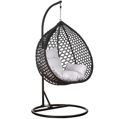 RAMROXX Luxus Hängesessel Style XXL Rattan Korb Gestell Schwarz mit Relaxkissen Weiss