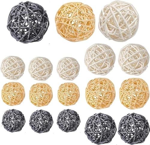 LATRAT 18 Stück Deko Dekokugeln Wicker Rattan Ball, Hochzeit Tischdeko Party Hängedeko Aromatherapie Duft Kaninchen Vogel Papagei Kauspielzeug, Holz+Weiß+Hellgrau