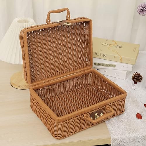 Restokki Geflochtener Aufbewahrungskorb, Panier Osier Weidenkorb mit Deckel Rattankorb für gewebte Picknickbox im Freien (L-Grundfarben)