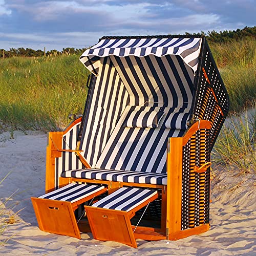 Swing & Harmonie LED   Strandkorb XXL   118cm inkl. Abdeckcover Luxus Volllieger mit Solarmodul Ostsee Sonneninsel Rattan Möbel Polyrattan (blau/weiß   gestreift)