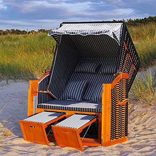Swing & Harmonie LED - Strandkorb XXL - 118cm inkl. Abdeckcover Luxus Volllieger mit Solarmodul Ostsee Sonneninsel Rattan Möbel Polyrattan (grau/weiß - nadelstreifen)