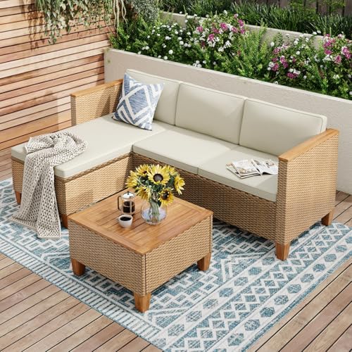 PHI VILLA 3 Teilig Gartenmöbel Set Balkonmöbel, Rattan Lounge Möbel Outdoor mit 1 Chaiselongue, 1 Zweisitzer-Sofa und 1 Kleiner Couchtisch, 4 Personen Terassenmöbel Außen Gartensofa