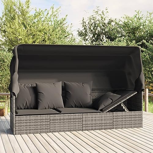 IKAYAA Gartensofa mit Sonnendach Gartensofa mit Liegefunktion Loungebett Outdoor mit Dach Rattan Sofa 3 Sitzer Balkon Sofa Gartenbett mit Dach und Kissen-Grau