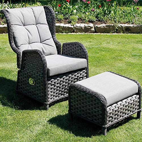 Mojawo Luxus Comfort Relaxsessel Flachrattan Ohrensessel Polyrattan, inkl. Polster und Fußteiil verstellbare Rückenlehne Gartensessel Rattansessel